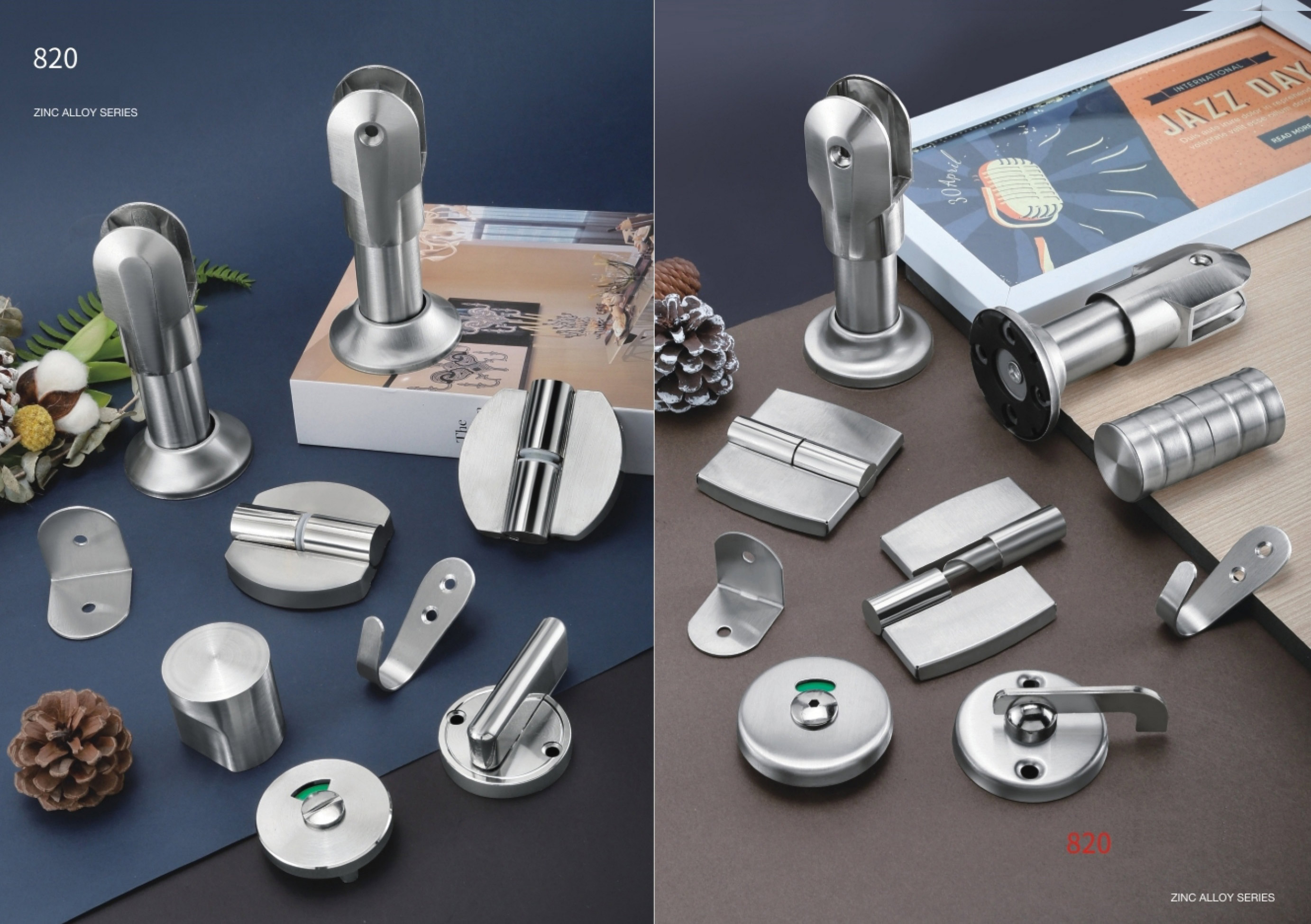 Stainless steel toilet partition hardware system including hinges, locks, support legs and connectors for commercial restroom cubicles